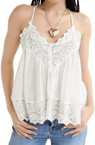 Women Sleeveless Tank Tops Lace Solid Color See Through Spaghetti Strap Cami Shirts V Neck Backle... | Amazon (US)