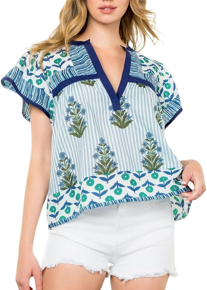 Women Boho Short Sleeve Shirt Ruffle Sleeve V Neck Blouse Top Cute Floral Printed Loose Peplum Ba... | Amazon (US)