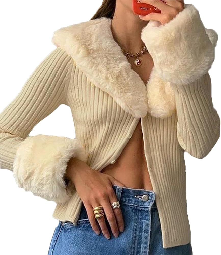 Women Fluffy Long Sleeve Cardigan V Neck Knitted Cropped Sweater Faux Fur Trim Collar Cuffs | Amazon (US)