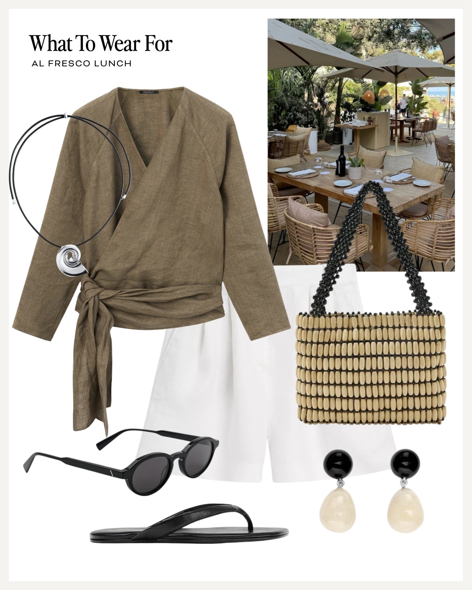 Ways to wear white linen shorts for summer ☀️ 

Al fresco lunch, linen blouse, black sandals, holiday outfit

#LTKsummer