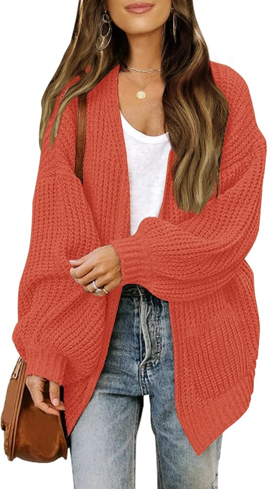 MEROKEETY Women's Open Front Long Lantern Sleeve Cardigan Oversized Chunky Outwear with Pocket Sa... | Amazon (US)