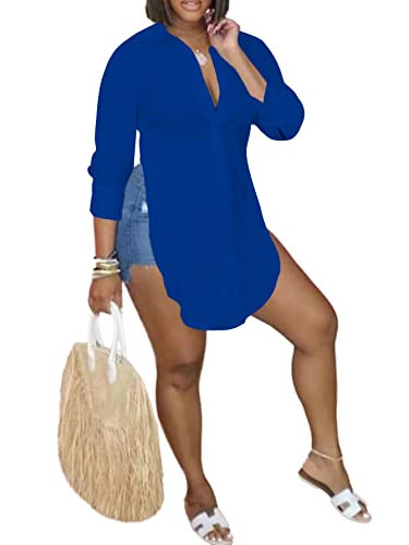LYANER Women's Collar V Neck Button Front Long Sleeve Slit Hem Long Shirt Blouse Tops Royal Blue XX-Large | Amazon (US)
