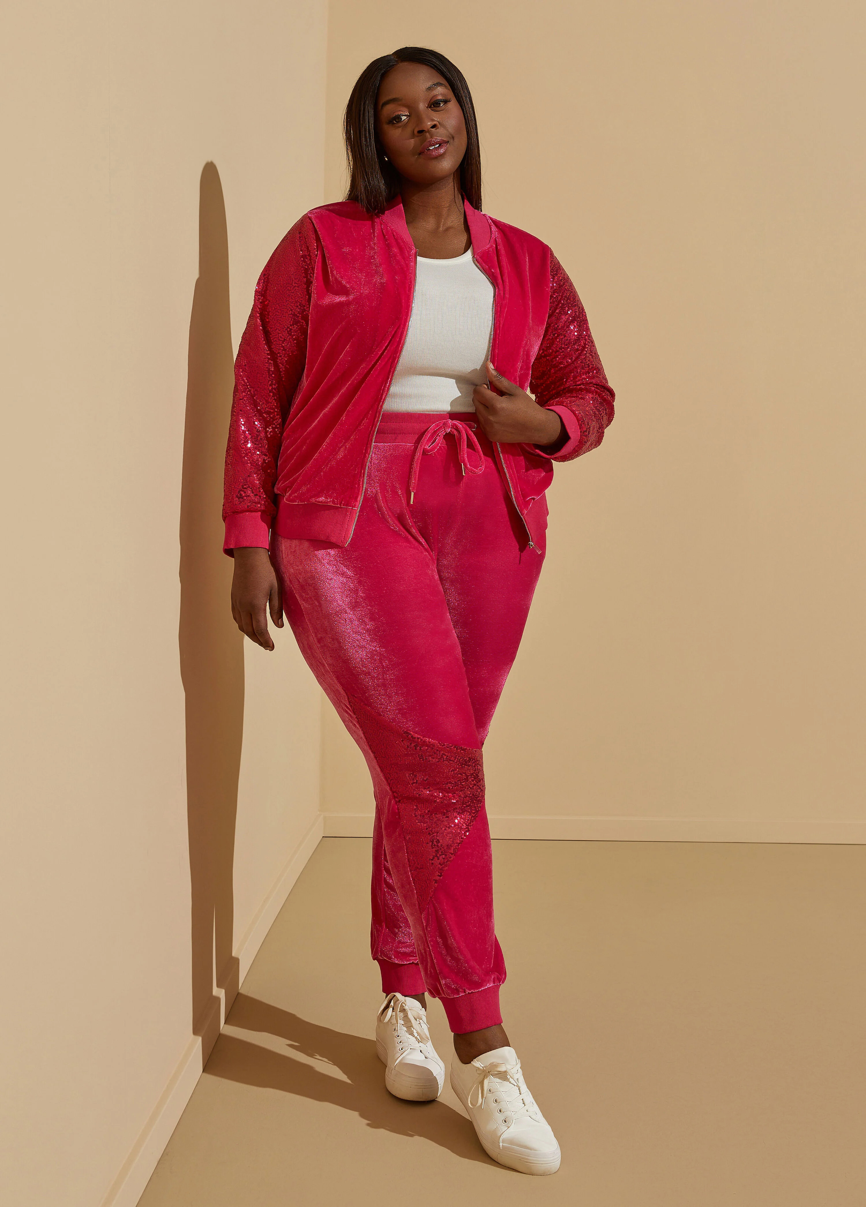 Sequined Paneled Velour Joggers | Ashley Stewart