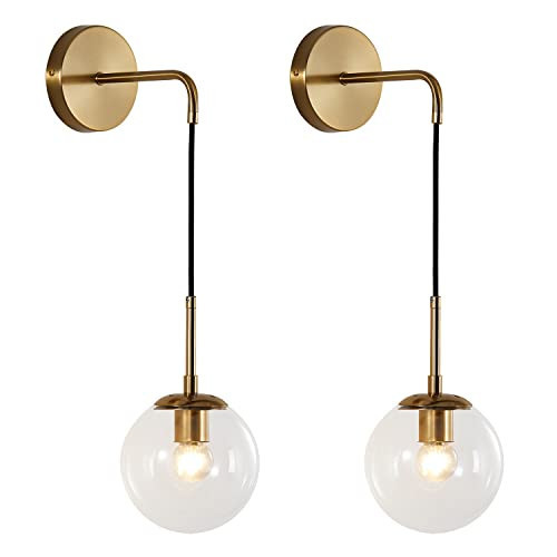 KCO Modern Glass Globe Wall Sconce Set of Two Minimalist Gold Wall Light Fixture with Adjustable Cord Brass Round Glass Wall Mounted Reading Lamp (Clear-2PC) | Amazon (US)