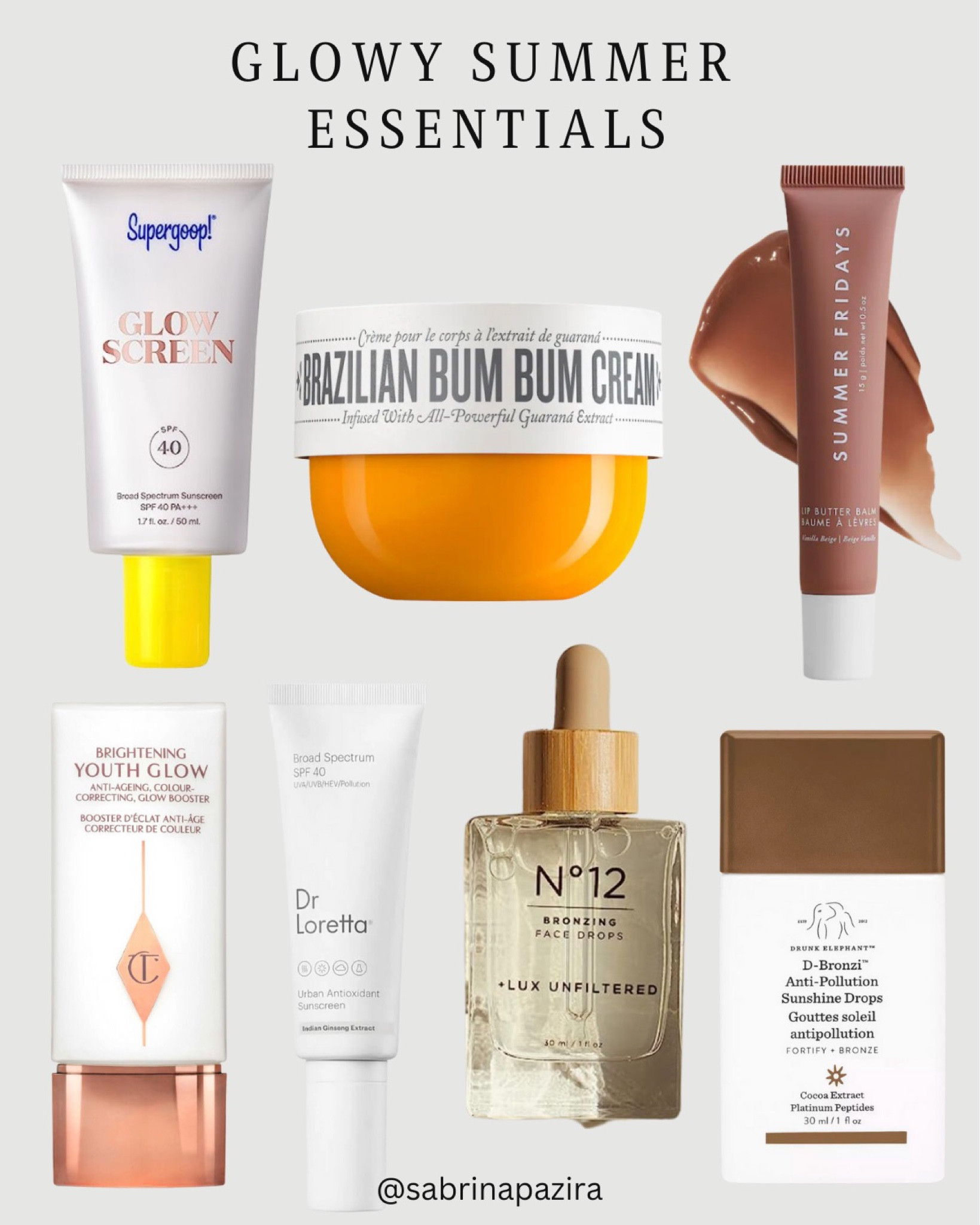 Glowy Summer essentials, bum, bum, cream, super goop, tinted sunscreen, summer, Fridays, lip, mask, primer, tanning drops, bronzing drops, drunk elephant

#LTKbeauty #LTKunder100 #LTKSeasonal