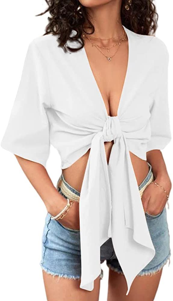 Rooscier Women's Deep V Neck Tie Front Knot 3/4 Sleeve Sexy Crop Top Blouse | Amazon (US)