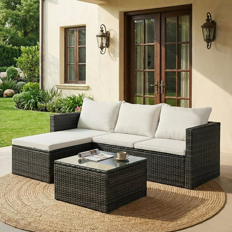 Walsunny 3 Pieces patio furniture set, Rattan Wicker Outdoor Conversation Set with Cushions and G... | Walmart (US)