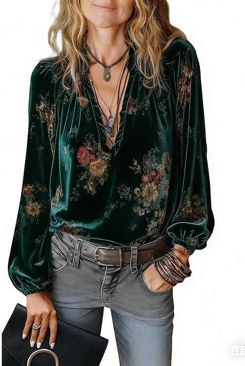 Apvirdy Velvet Tops for Women Floral Print Sexy V-Neck Shirts Long Sleeve Dressy Casual Blouse | Amazon (US)