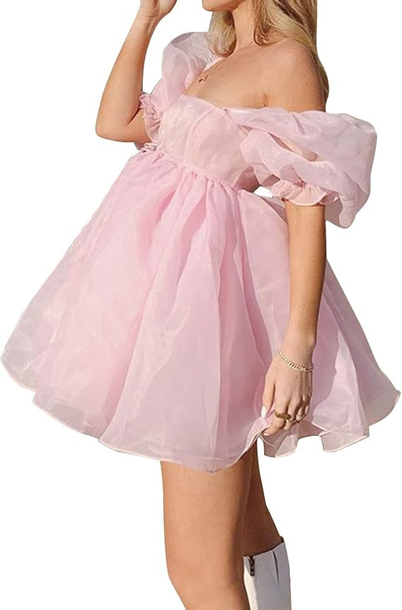 Womens Off-Shoulder Ruffled Fluffy Short-Sleeved Mesh Party Mini Princess Dress | Amazon (US)