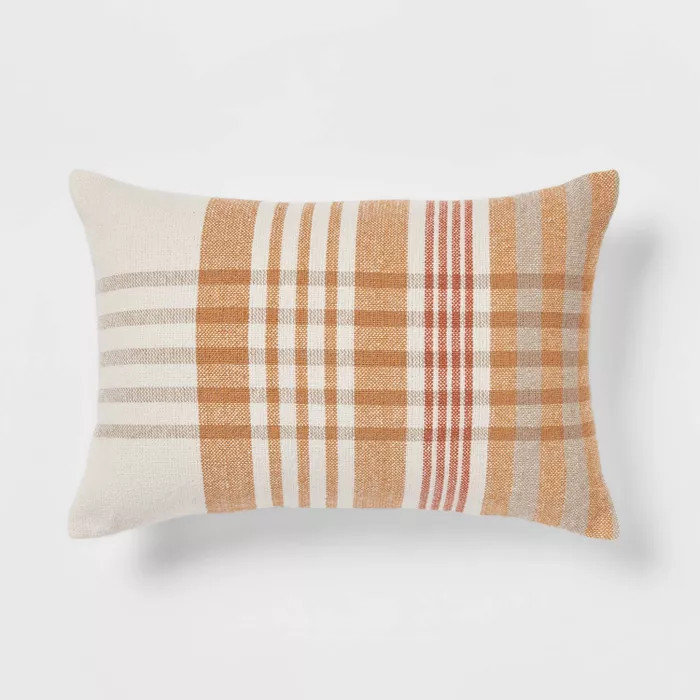 Oblong Woven Yarn Dye Plaid Decorative Throw Pillow Cream/Caramel - Threshold™ | Target