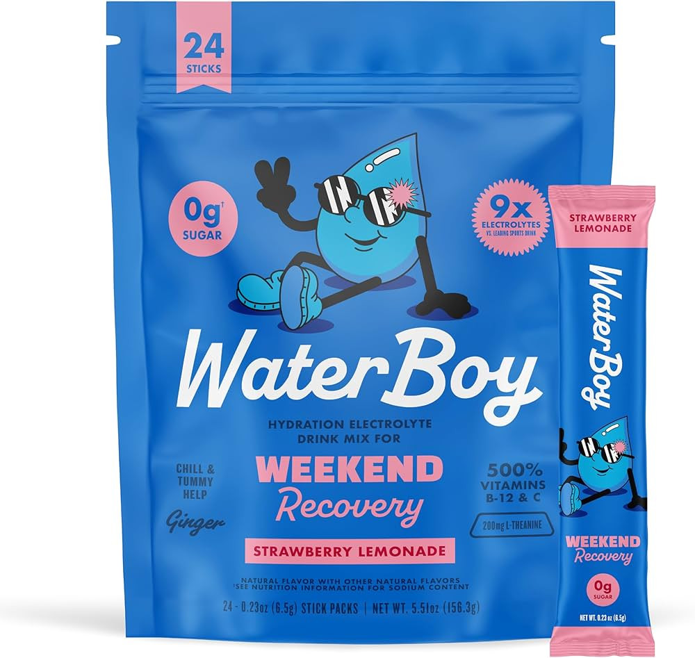 Waterboy Weekend Recovery | 3,200mg Electrolyte Powder Packets | Ginger + L-Theanine + Vitamins |... | Amazon (US)