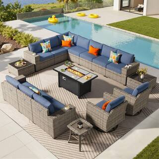 Loomcraft 16 Pieces Wicker Outdoor Patio Rectangular Fire Pit Set and Swivel Rocking Chairs with Denim Blue Cushions | The Home Depot