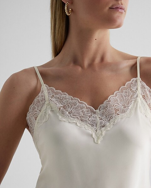 Satin Lace Trim V-Neck Downtown Cami | Express