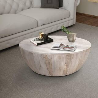 THE URBAN PORT Arthur 35.5 in. Distressed White Round Mango Wood Coffee Table with Subtle Grains ... | The Home Depot