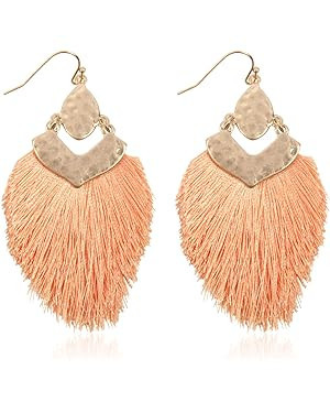 Bohemian Silky Thread Fan Fringe Tassel Statement Earrings - Lightweight Strand Feather Shape Dan... | Amazon (US)