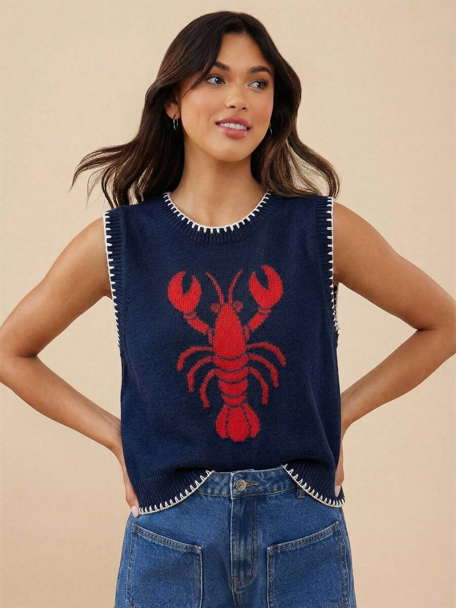 WESTFADE Camiseta de punto de cuello redondo con múltiples puntadas, estampado de langosta, para... | SHEIN