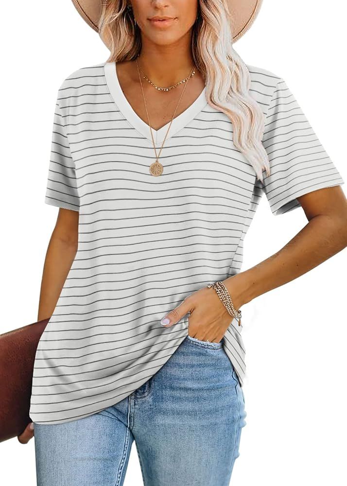WIHOLL Womens Tops Casual Short Sleeve V Neck T Shirts | Amazon (US)