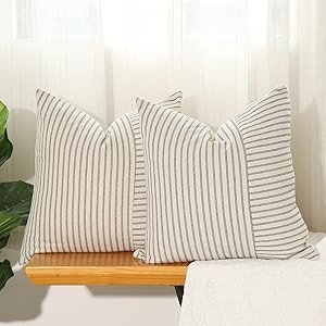 Hckot Grey and Beige Patchwork Farmhouse Throw Pillow Covers 20 x 20 Inch, Pack of 2 Striped Li... | Amazon (US)