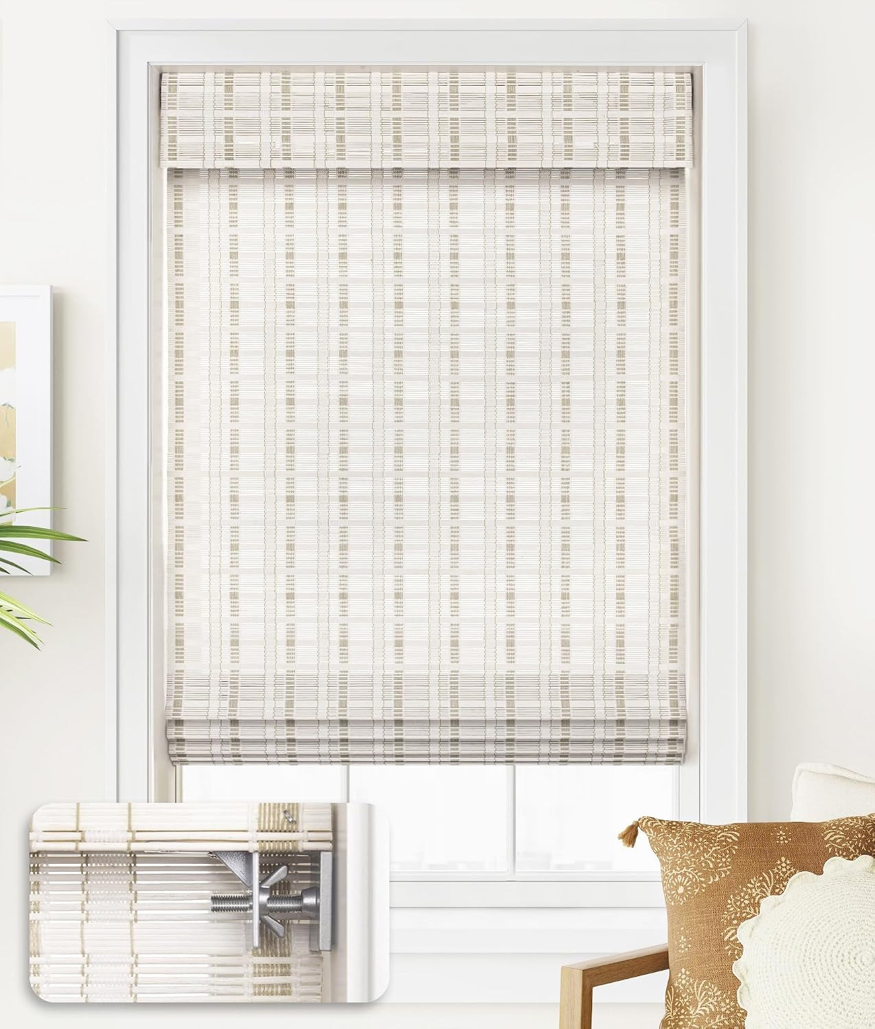 LazBlinds No Tools No Drill Cordless Bamboo Roman Shades, Custom Light Filtering Window Treatment, Roll Up Bamboo Blinds for Windows, Whitewash B | Amazon (US)