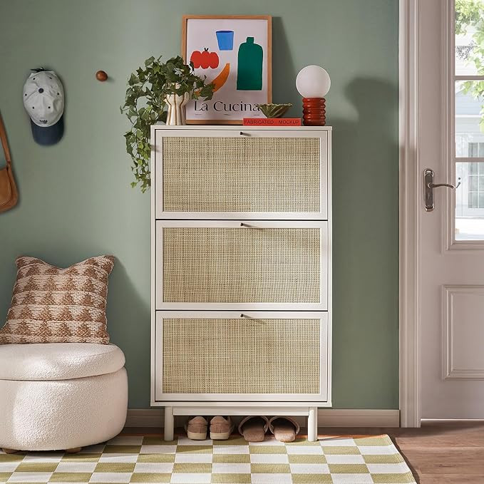 mopio Hannah Shoe Cabinet, Natural Rattan Farmhouse Shoe Storage Organizer, 3 Door Closet Rack fo... | Amazon (US)