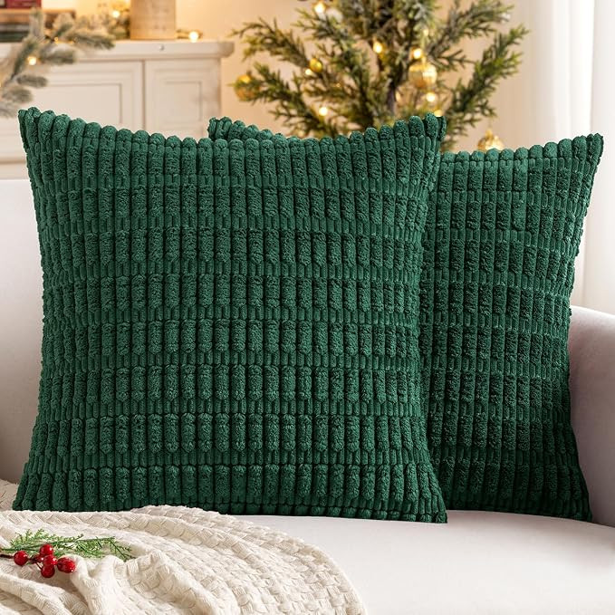 MIULEE Pack of 2 Christmas Dark Green Corduroy Decorative Pillow Covers 18x18 Inch Soft Boho Stri... | Amazon (US)