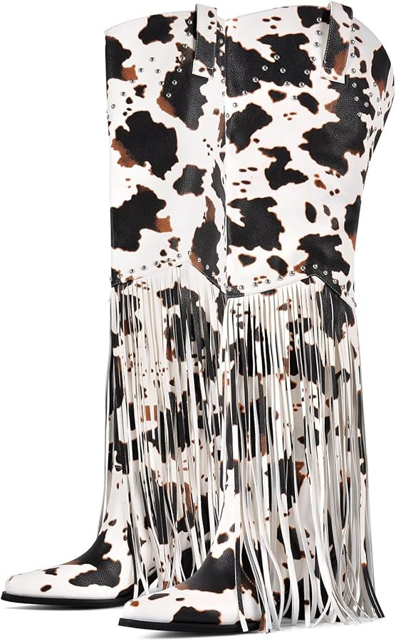 richealnini Fringe Thigh High Boots with Tassels Wide Calf Over Knee Western Cowboy Boots | Amazon (US)