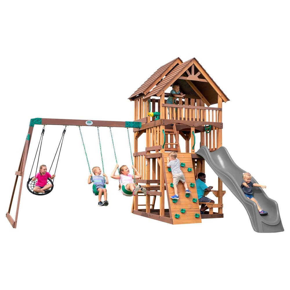 Highlander All Cedar Wood Children's Swing Set Playset with Multi-level Clubhouse Rockwall Swings and Gray Wave Slide | The Home Depot