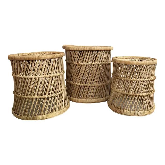 Set of 3 Graduated Wicker Basket Stools or Plant Stands | Chairish