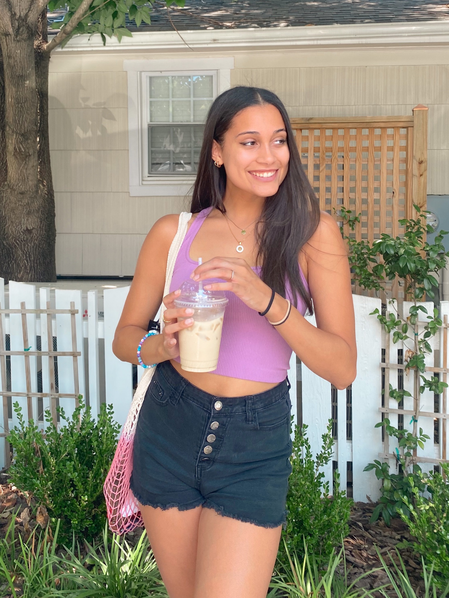 Purple top crop top summer top summer outfit black shorts button up shorts summer trends layering necklace purple top