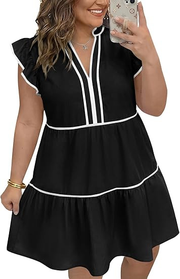 Beautife Womens Plus Size Dresses Summer Ruffle Short Sleeve V Neck Dress Casual A Line Babydoll ... | Amazon (US)