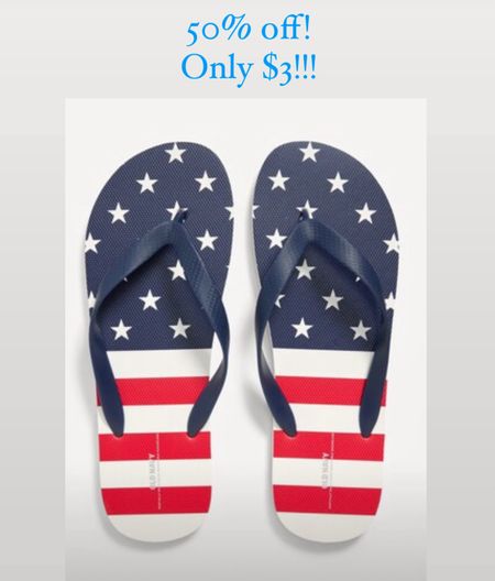 $3 Old Navy Flip-Flop Sandals (Partially Plant-Based) / American flag flip flogs / USA shoes / Memorial Day outfit / Stars and Stripes / red white and blue sandals 

#LTKShoeCrush #LTKSaleAlert #LTKFindsUnder50