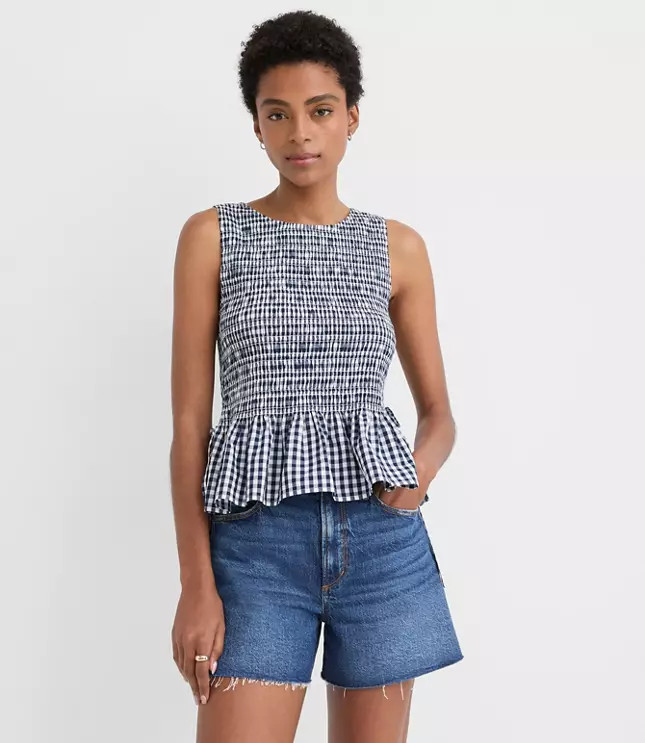 Gingham Poplin Side Tie Smocked Peplum Shell | LOFT