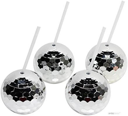 Andaz Press 1970s Disco Ball 19 oz Drink Tumbler with Straw, Silver, 4-Pack, for Metallic Shiny F... | Amazon (US)