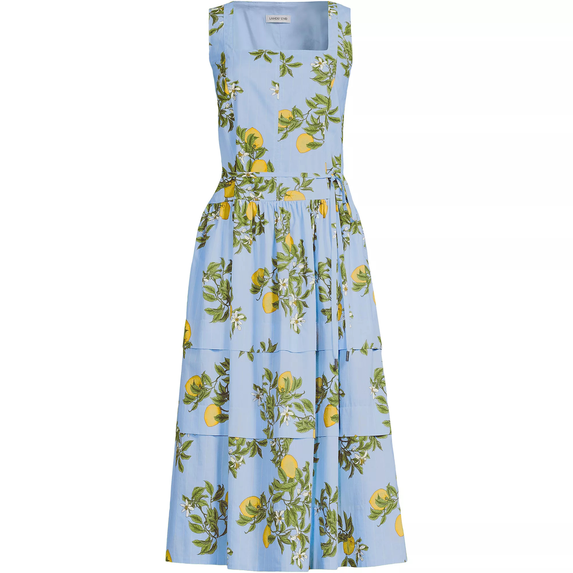 Women's Poplin Square Neck Midi Tie Waist Dress | Lands' End (US)