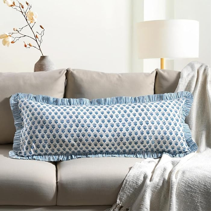 CPC Apatite Blue 100% Cotton Block Print Ruffle Sham Cover 14x36 inch, Handmade Boho Floral Pillo... | Amazon (US)
