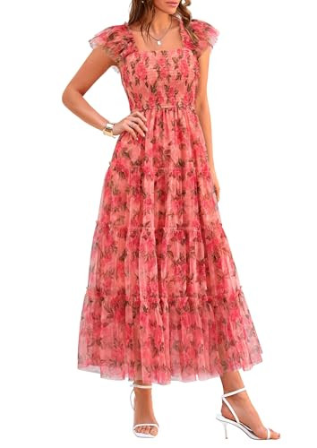 PRETTYGARDEN Women's Summer Tulle Midi Dress Sleeveless Smocked Ruffle Flowy Mesh Dresses Party Wedding Guest Sundress (Floral Orange Pink Red,Large) | Amazon (US)