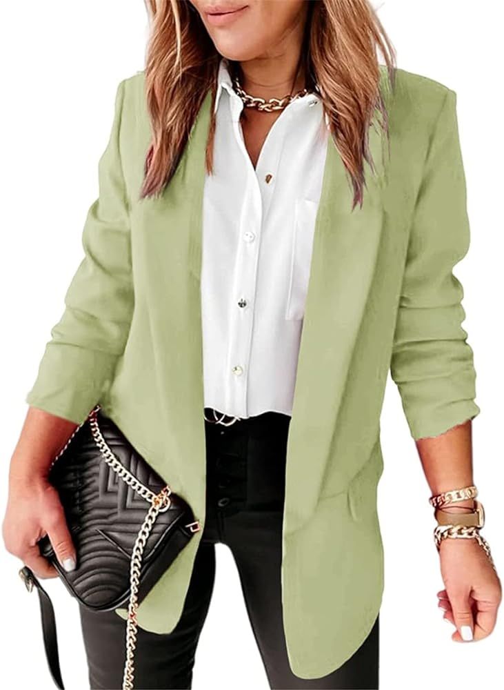 Langwyqu Womens Casual Open Front Blazers Long Sleeve Work Office Jacket Blazer | Amazon (US)