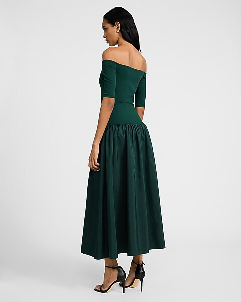 Off The Shoulder Mixed Media Drop Waist Maxi Dress with Pockets | Express