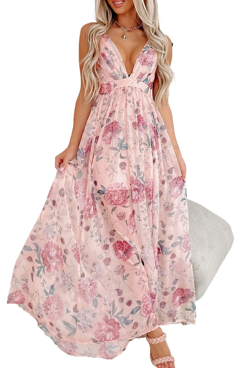 Women's Pink Floral Pleated Bust Backless Maxi Dress with Empire Waist - [ZhiHiMeRi] | (US 16-18)... | Walmart (US)