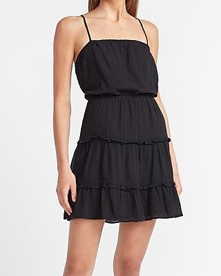 Tiered Square Neck Mini Dress Black Women's M Petite | Express