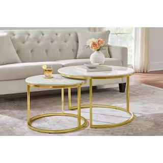 Home Decorators Collection Cheval 2-Piece 31 in. Gold/Marble Medium Round Marble Coffee Table Set... | The Home Depot