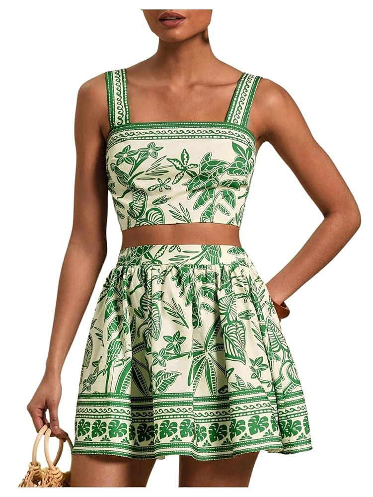 Floerns Women's Two Piece Outfit Tropical Crop Cami Top and Summer Skirts Set | Amazon (US)