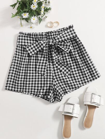 SHEIN Gingham Paperbag Belted Shorts | SHEIN