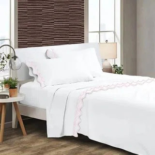 400TC Cotton Sateen Double Scallop Embroidery 4 Piece Sheet Set Fitted Sheet Fits Upto 16" Deep P... | Wayfair North America