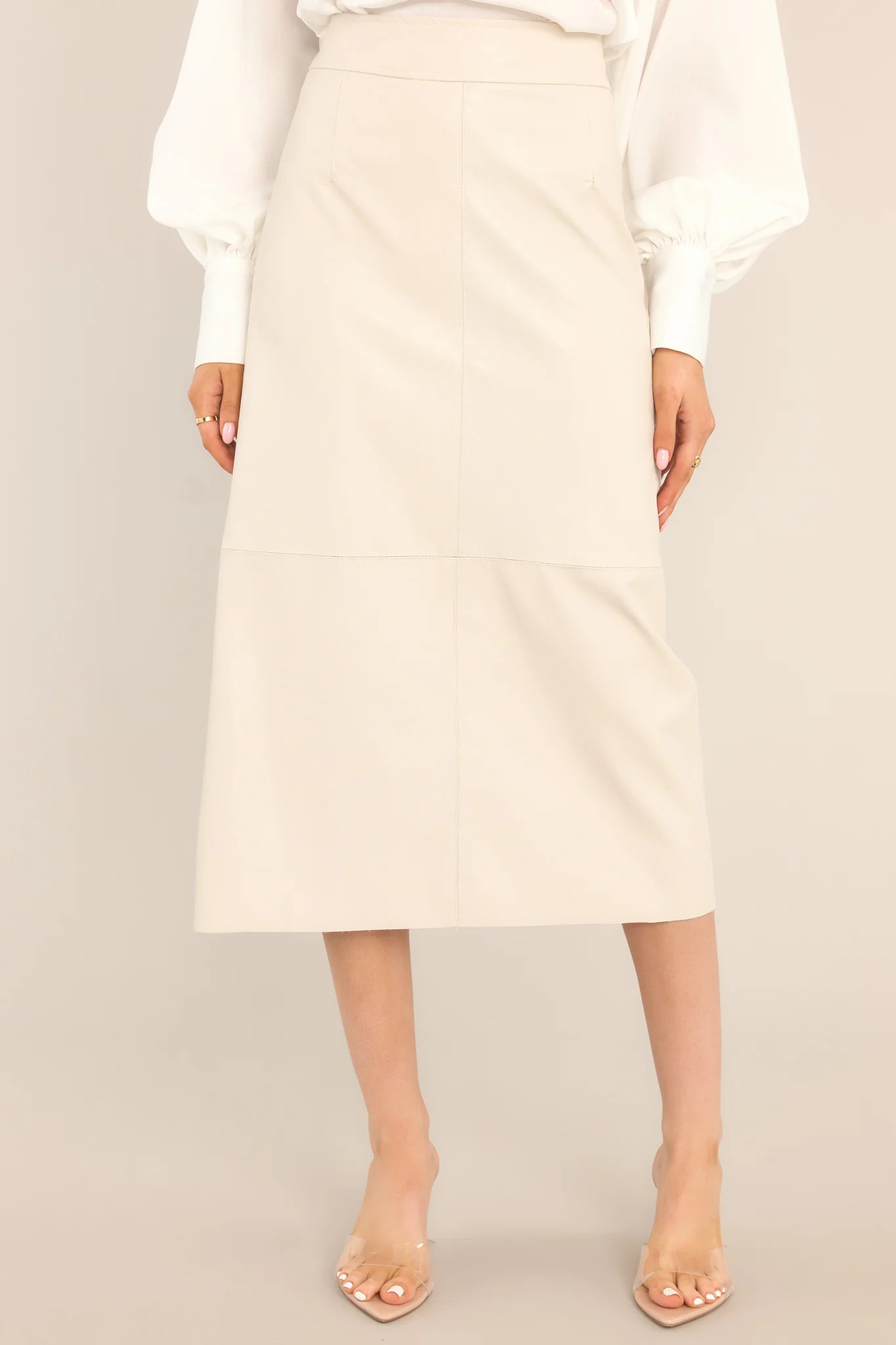 Through Open Doors Bone Faux Leather Midi Skirt | Red Dress