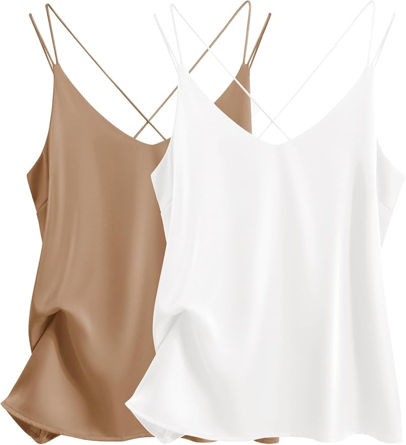 Ekouaer Womens 2-Pack Silk Satin Camisole Tank Top V Neck Sexy Cross Back Spaghetti Strap Cami Sl... | Amazon (US)