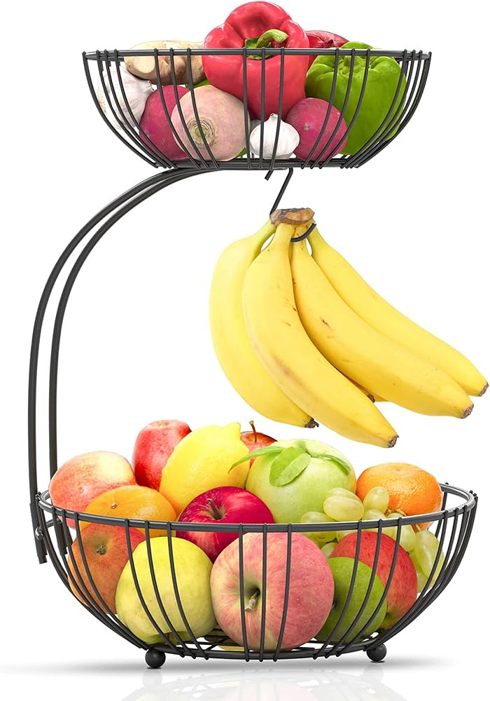 RICCLE Fruit Basket For Kitchen Counter - Fruit Basket With Banana Hanger - Double Layer Metal Wi... | Amazon (US)