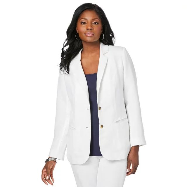 Jessica London Women's Plus Size Casual Long Sleeve Linen Blazer Jacket with Pockets - 20 W, Whit... | Walmart (US)