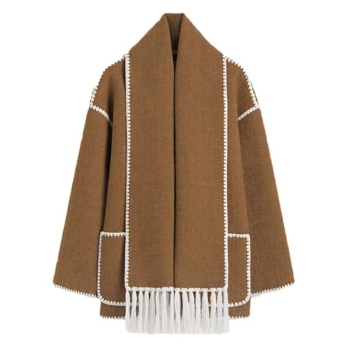 Womens Embroidered Scarf Jacket Oversized Wool Blend Jacket Long Sleeve Button Down Coat Winter Warm Outerwear with Tassel Scarf(06-Coffee,S) | Amazon (UK)