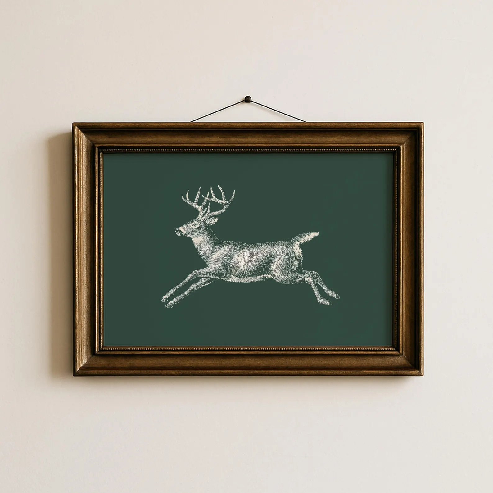 Leaping Deer Wall Art Printable Green Rustic Christmas Decor Vintage Wildlife Illustration Woodla... | Etsy (US)